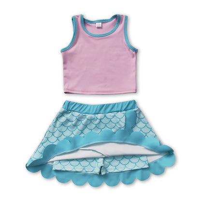 Sleeveless scallop mermaid scale girls active wear set