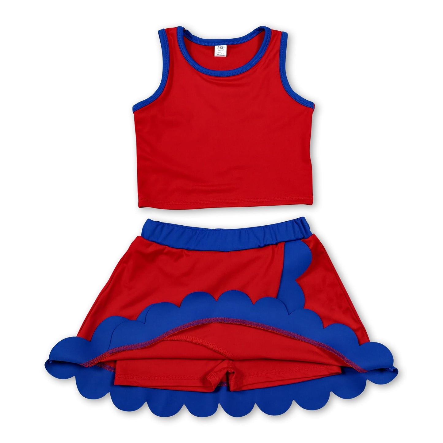 Red blue scallop top skirt girls summer active wear set