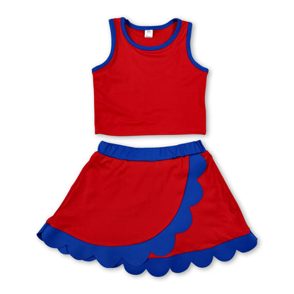 Red blue scallop top skirt girls summer active wear set