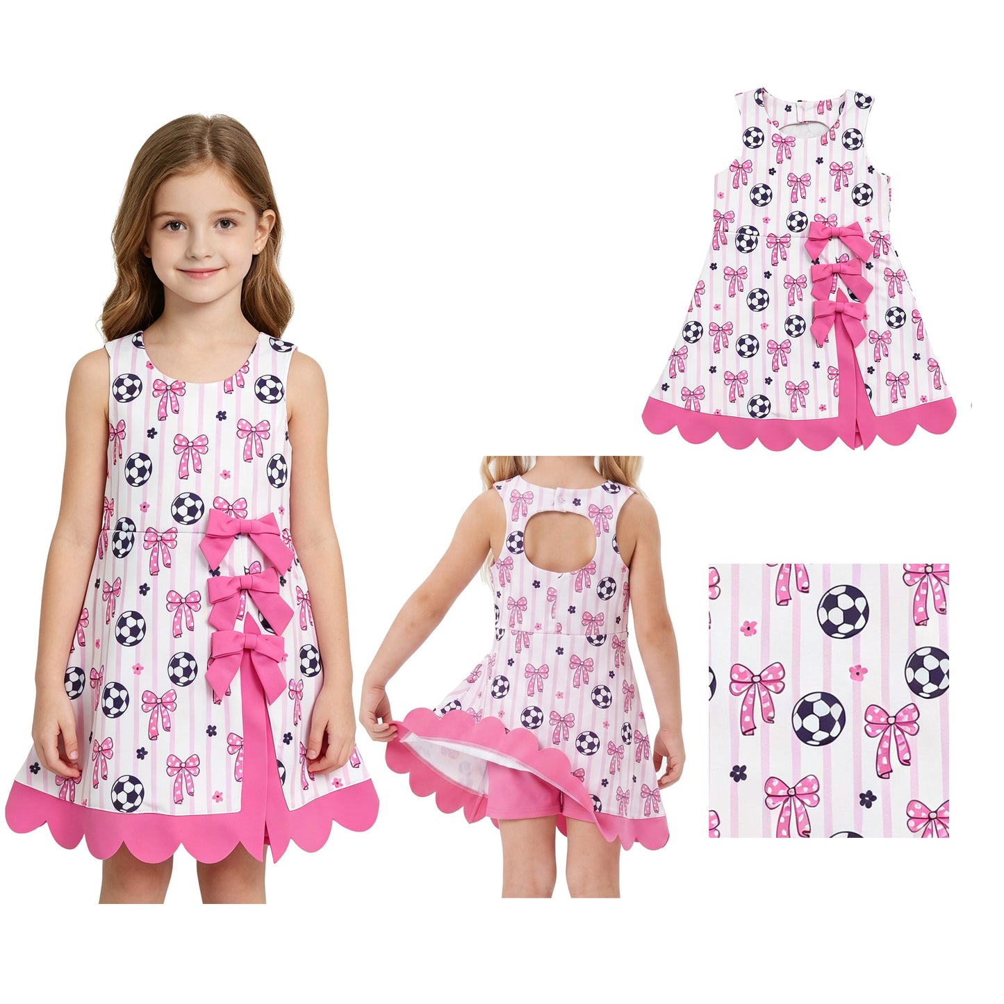 Sleeveless stripe soccer bow kids girls athletic dresses