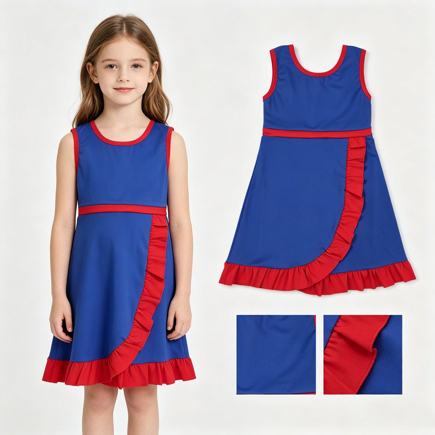 Sleeveless blue red scallop team kids girls athletic dress