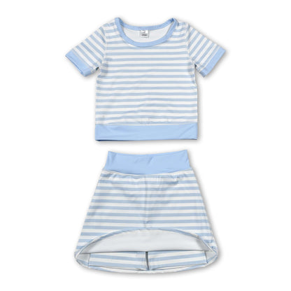 Short sleeves light blue stripe top skirt girls active wear set