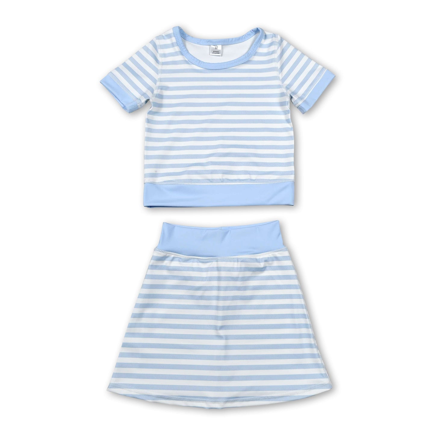 Short sleeves light blue stripe top skirt girls active wear set