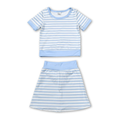 Short sleeves light blue stripe top skirt girls active wear set