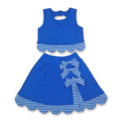 Sleeveless blue top plaid scallop skirt girls active wear set