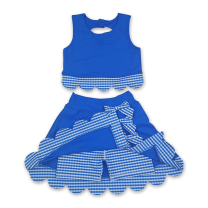 Sleeveless blue top plaid scallop skirt girls active wear set