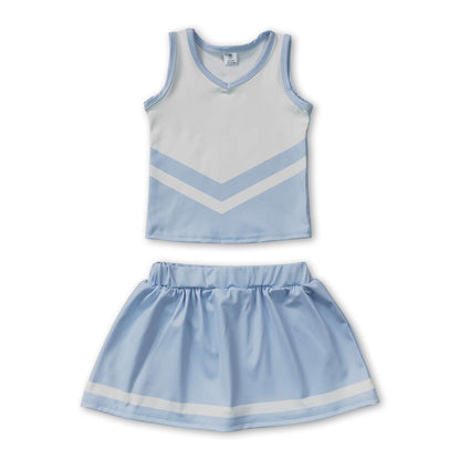 Sleeveless white light blue top skirt girls team cheer active set