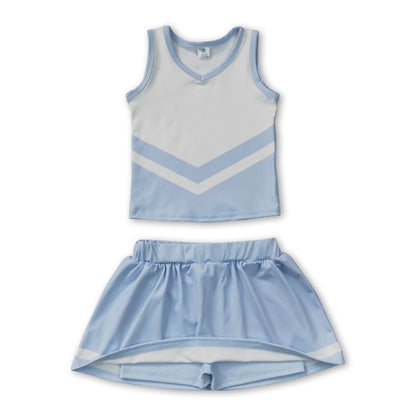 Sleeveless white light blue top skirt girls team cheer active set