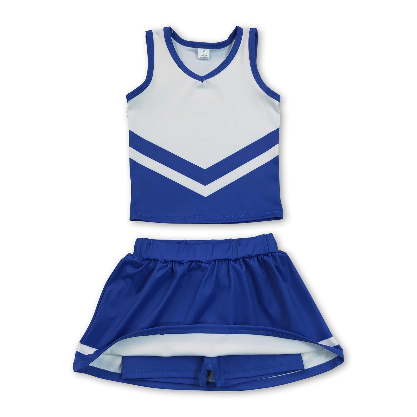 Sleeveless white blue top skirt girls team cheer active set