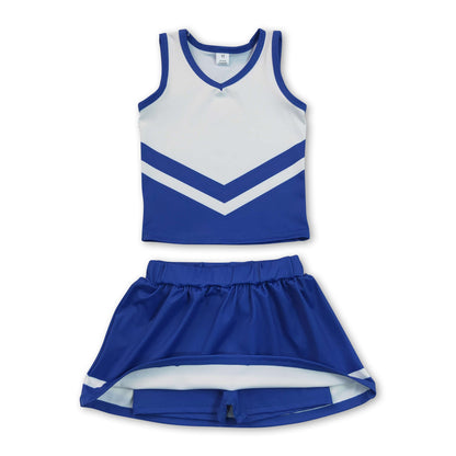 Sleeveless white blue top skirt girls team cheer active set