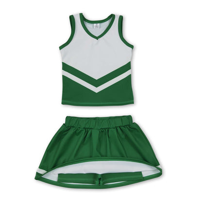 Sleeveless white green top skirt girls team cheer active set