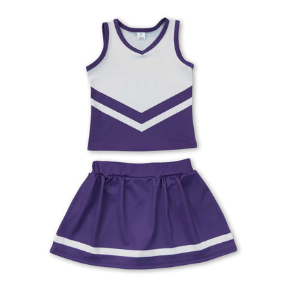 Sleeveless white purple top skirt girls team cheer active set