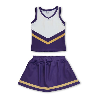 Sleeveless gold purple top skirt girls team cheer active set