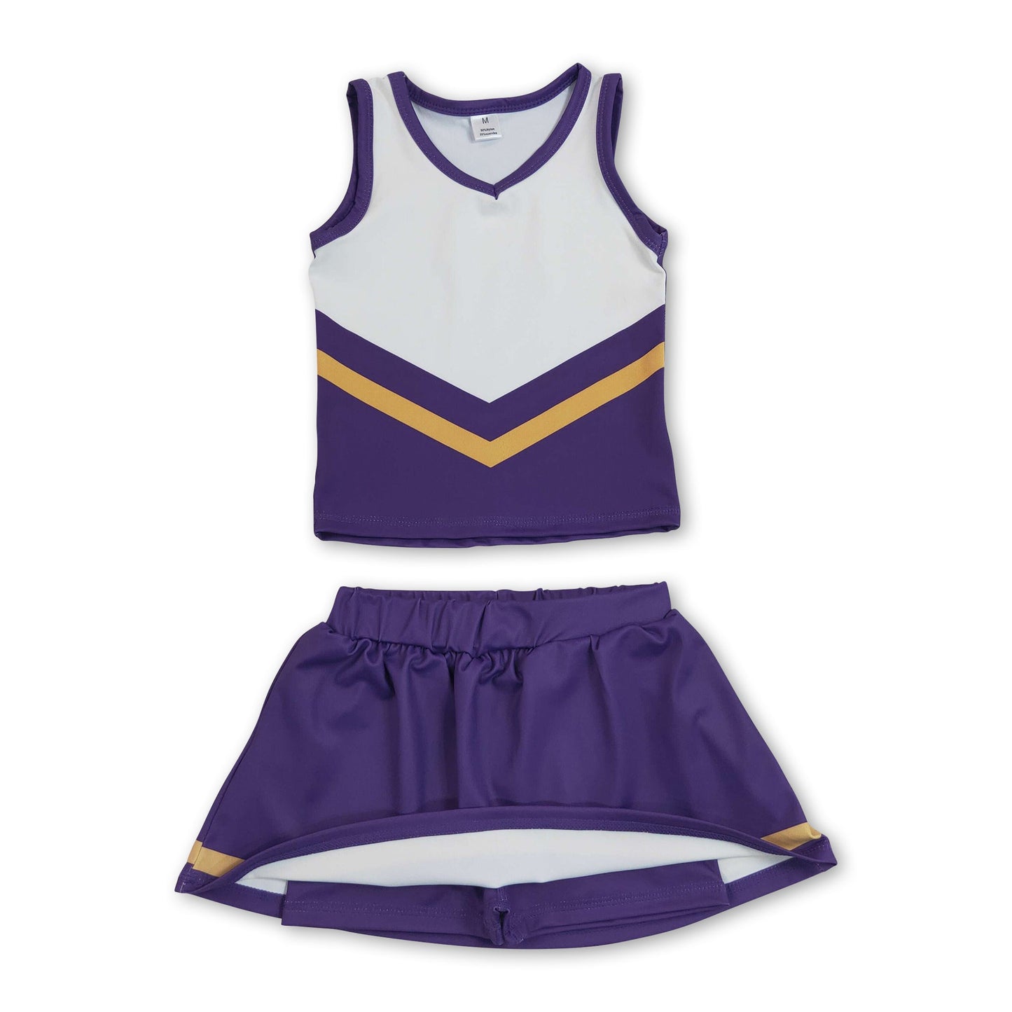 Sleeveless gold purple top skirt girls team cheer active set