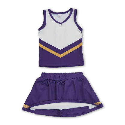 Sleeveless gold purple top skirt girls team cheer active set
