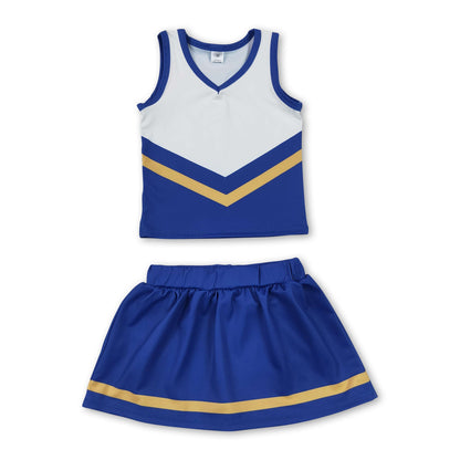 Sleeveless gold blue top skirt girls team cheer active set
