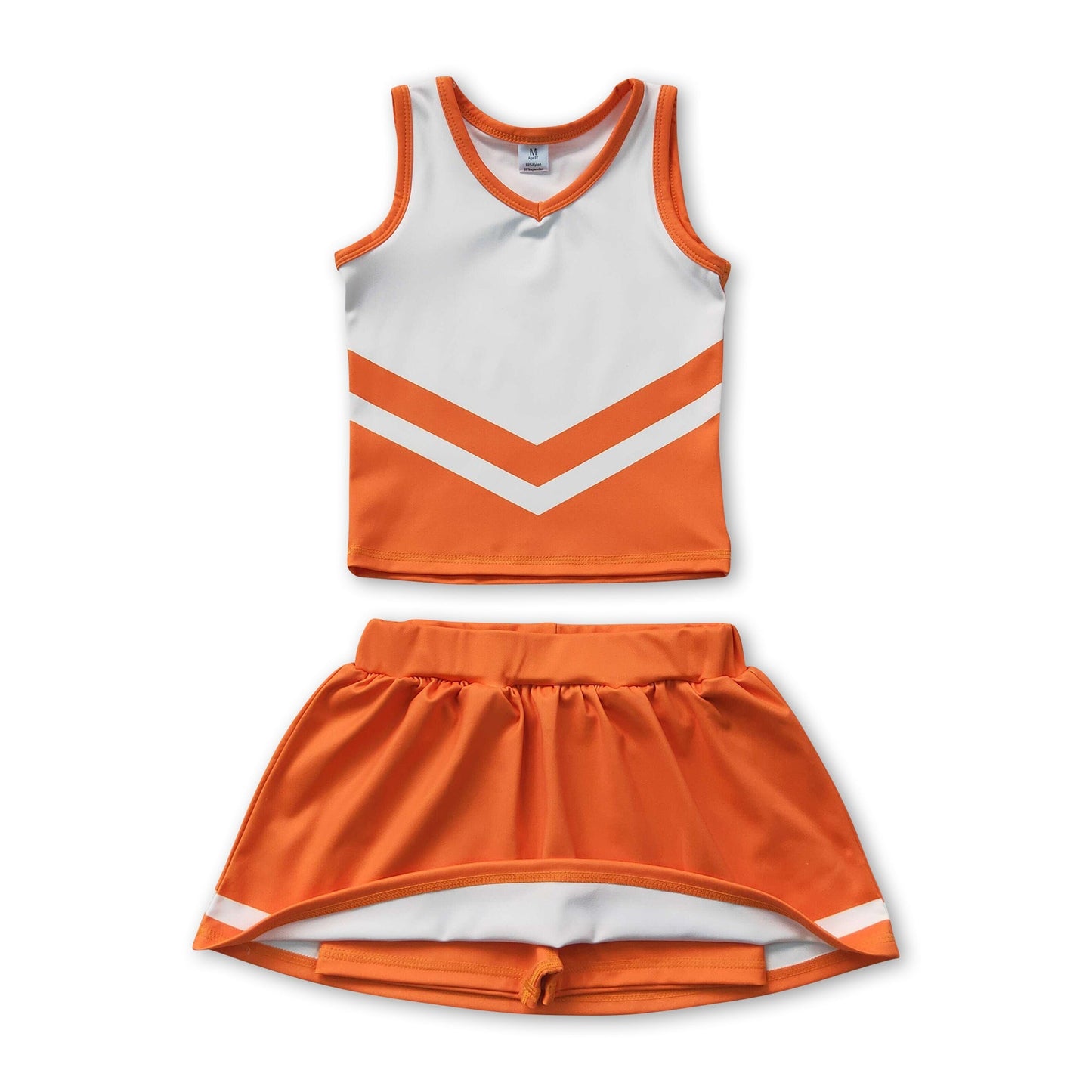 Sleeveless white orange top skirt girls team cheer active set