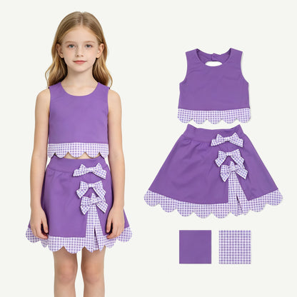 Sleeveless purple top plaid scallop skirt girls active wear set