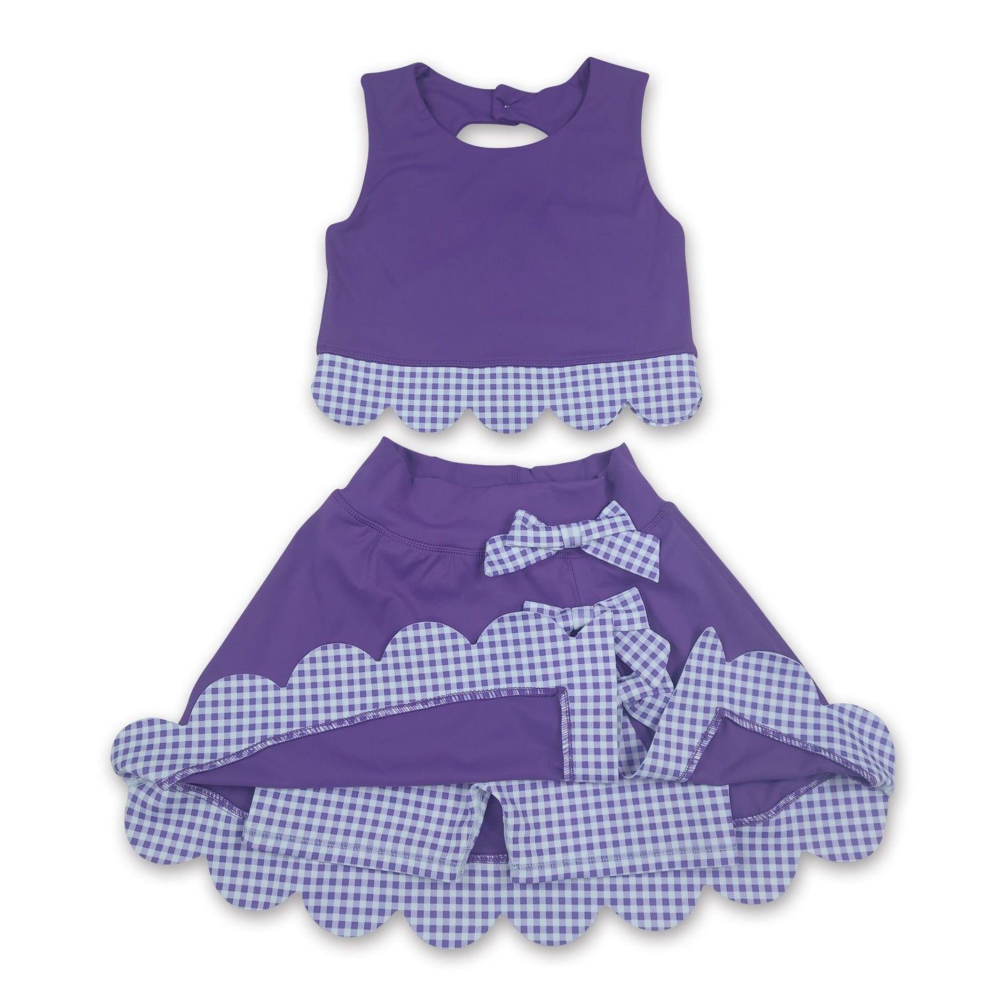 Sleeveless purple top plaid scallop skirt girls active wear set
