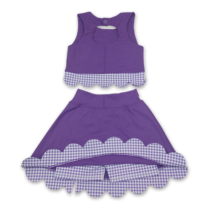 Sleeveless purple top plaid scallop skirt girls active wear set