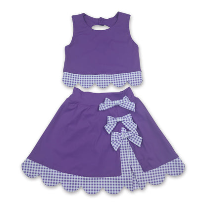 Sleeveless purple top plaid scallop skirt girls active wear set