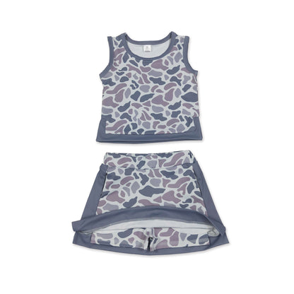 Sleeveless grey camo top skirt girls summer active set