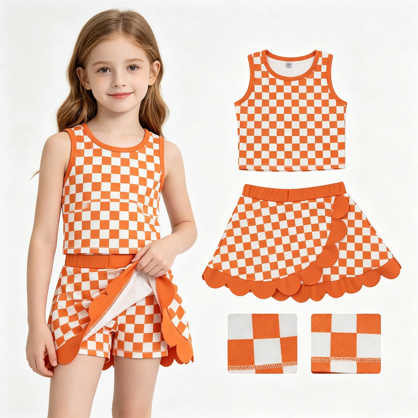 Sleeveless orange plaid scallop girls team active wear set