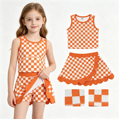 Sleeveless orange plaid scallop girls team active wear set