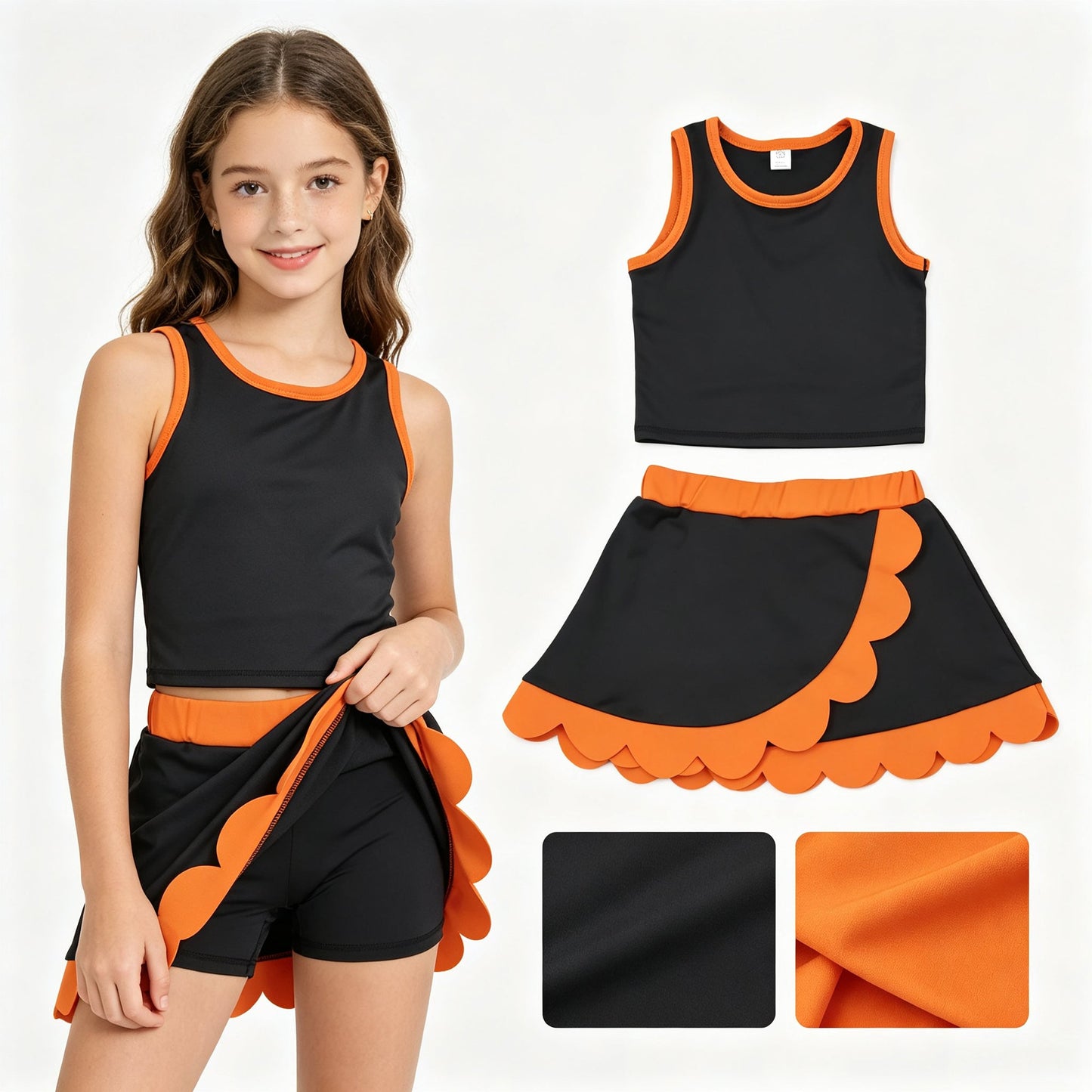 Sleeveless black top orange scallop girls active wear set