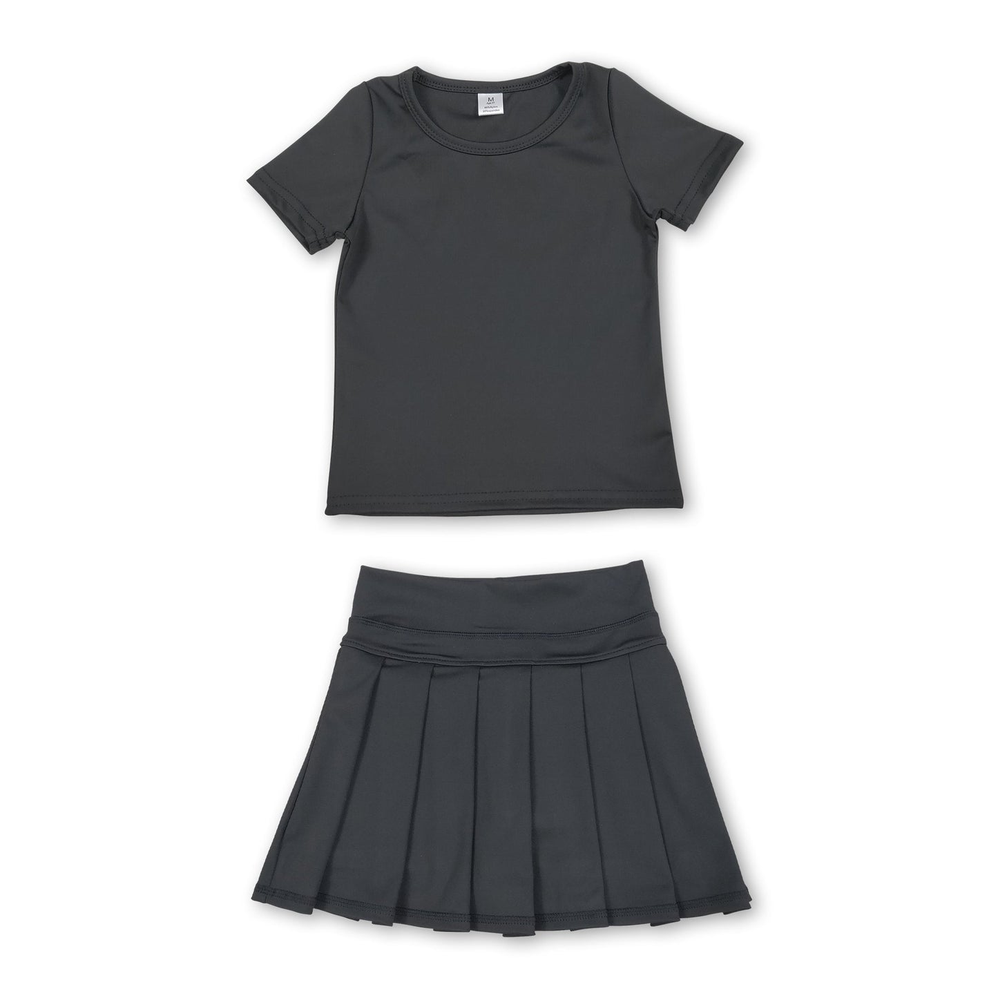 Short sleeves black top pleated skirt girls active wear set