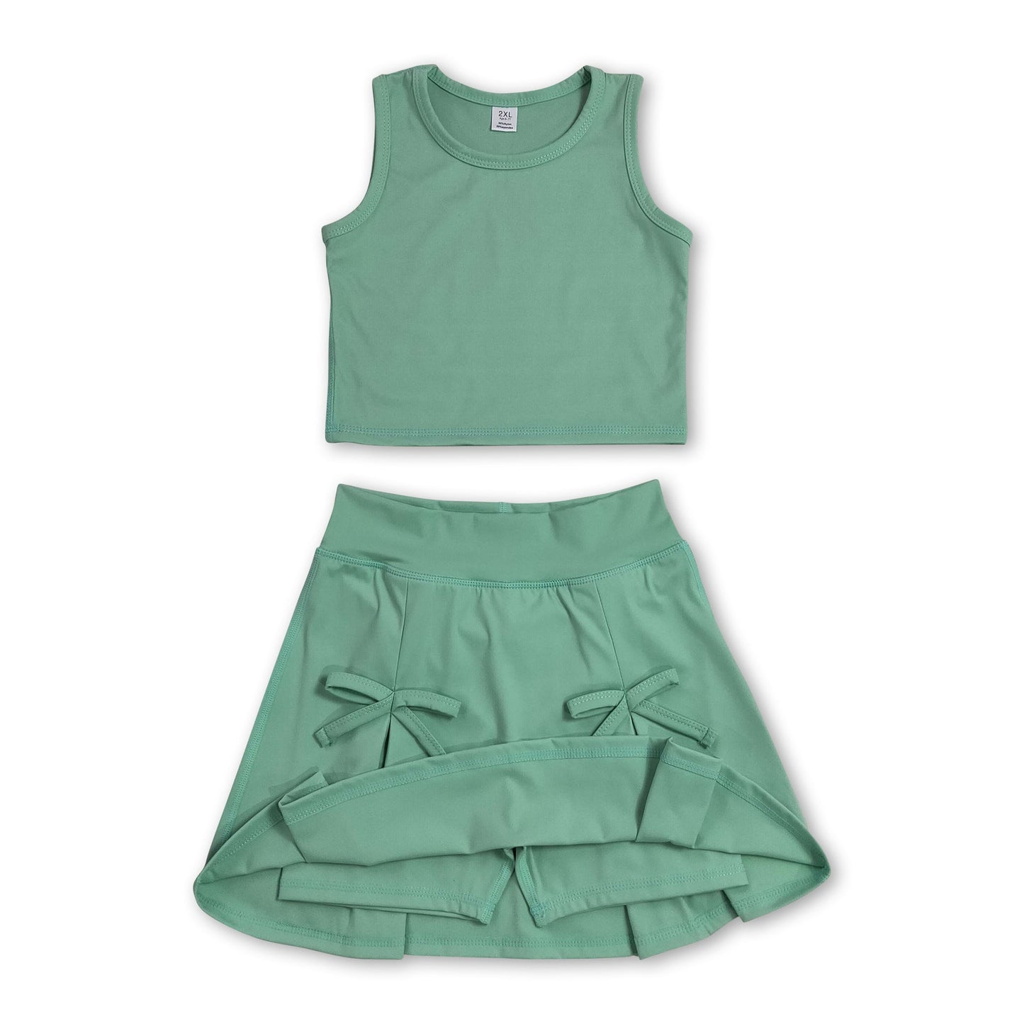 Sleeveless green crop top bow skirt kids girls summer active set