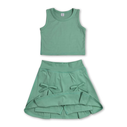 Sleeveless green crop top bow skirt kids girls summer active set