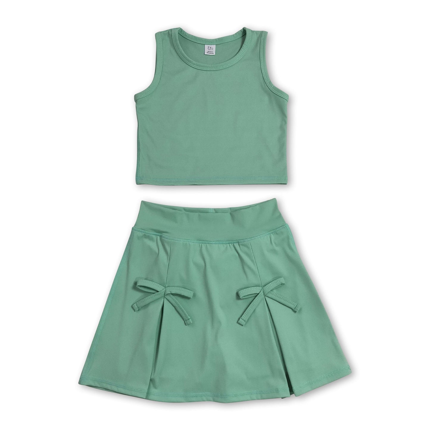 Sleeveless green crop top bow skirt kids girls summer active set