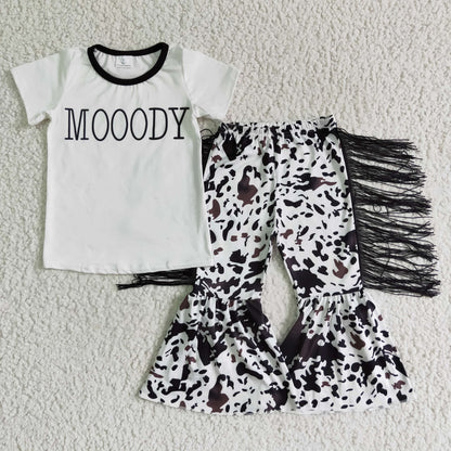 Moody shirt cow tassels bell bottom pants girls western clothing