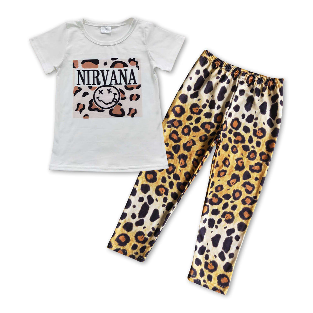 Short Sleeve Leopard Print Shirt & Leggings Girls Clothing Set