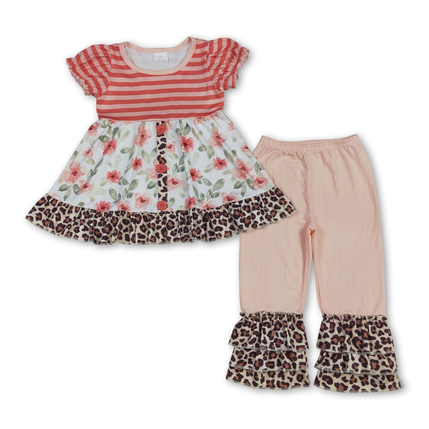 Short sleeves floral leopard tunic ruffle pants girls clothing