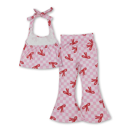 Pink plaid bow halter top bell bottom pants girls clothes