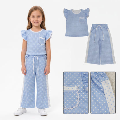 Blue polka dots flutter sleeves top pants girls outfits