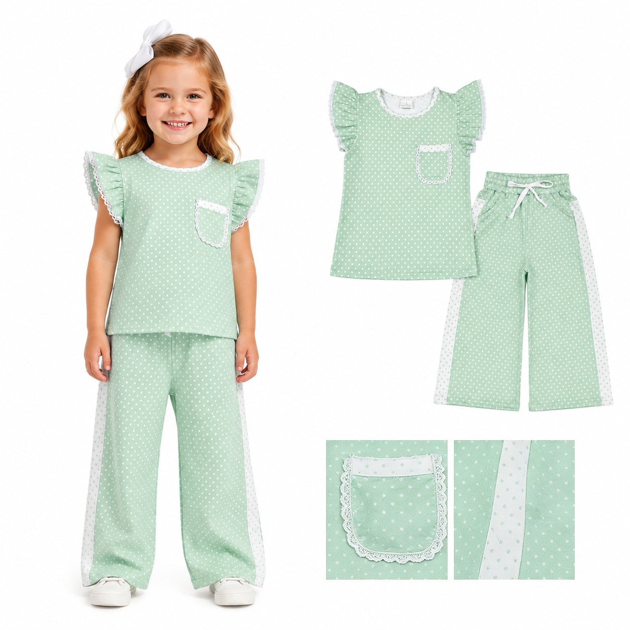 Green polka dots flutter sleeves top pants girls outfits