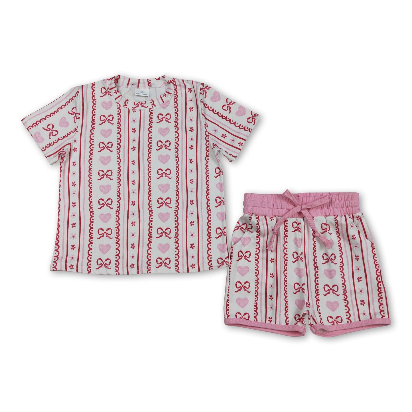 Pink heart bow floral top shorts girls Valentine's outfits