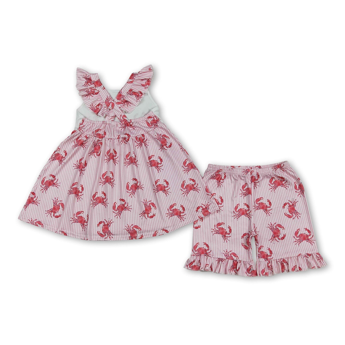 Flutter Sleeve Stripe Crab Tunic & Shorts Girls Outfit