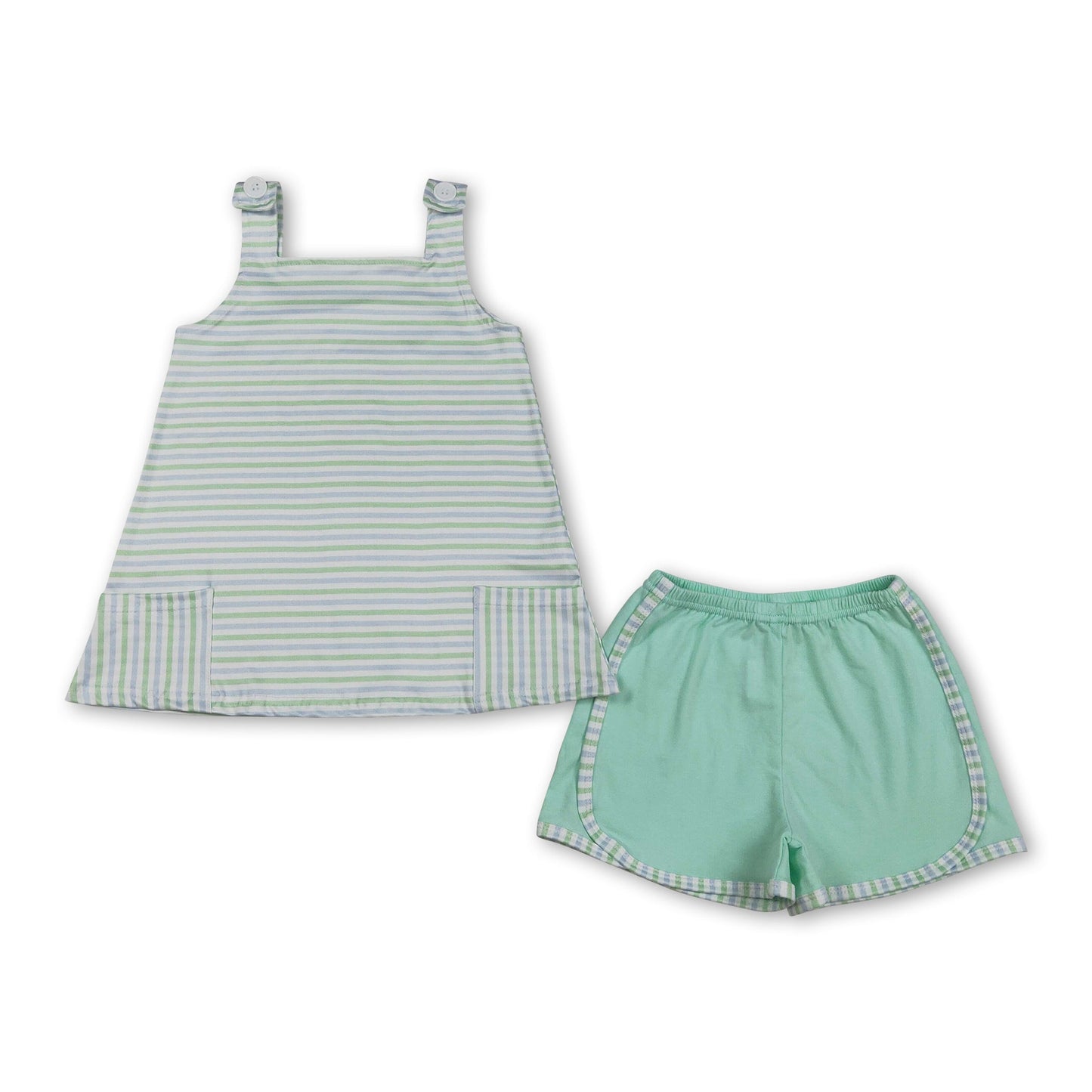 Sleeveless stripe pockets tunic shorts kids girls outfits