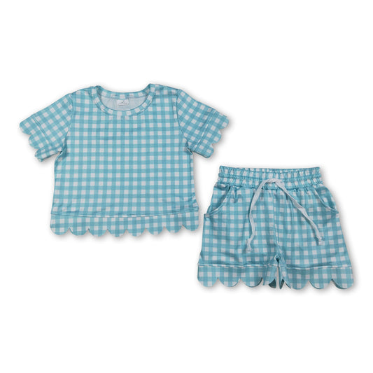 Aqua plaid scallop top shorts girls summer outfit