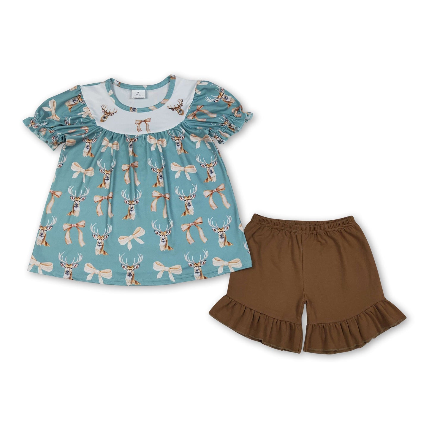 Short sleeves deer bow tunic ruffle shorts girls outfits