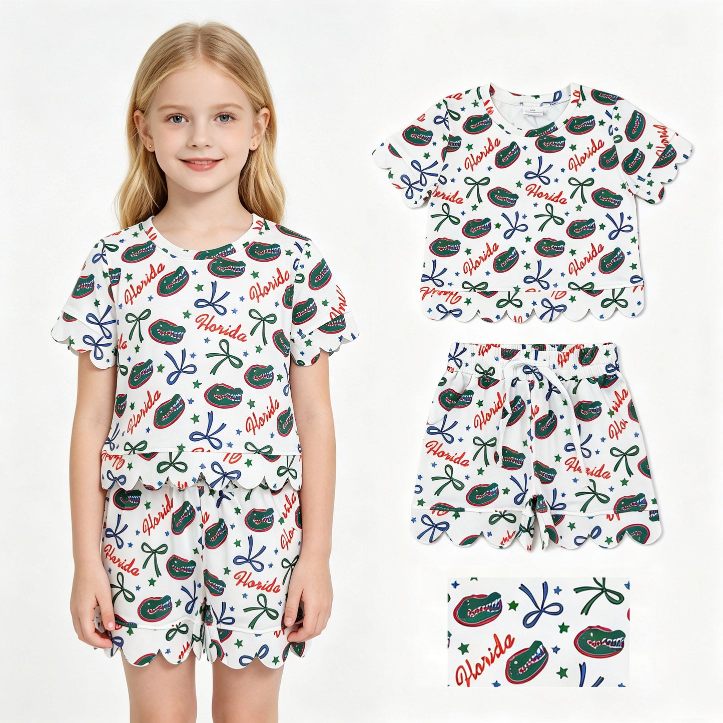 Short sleeves crocodile bow scallop girls team outfits