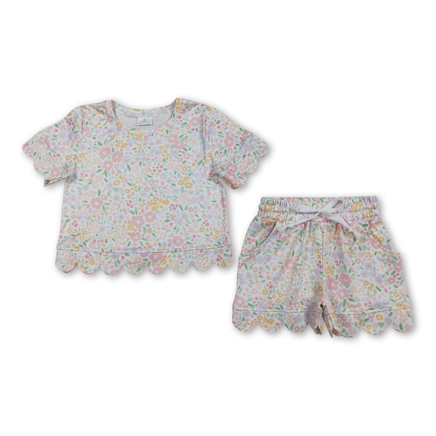 Short sleeves floral scallop kids girls summer outfits