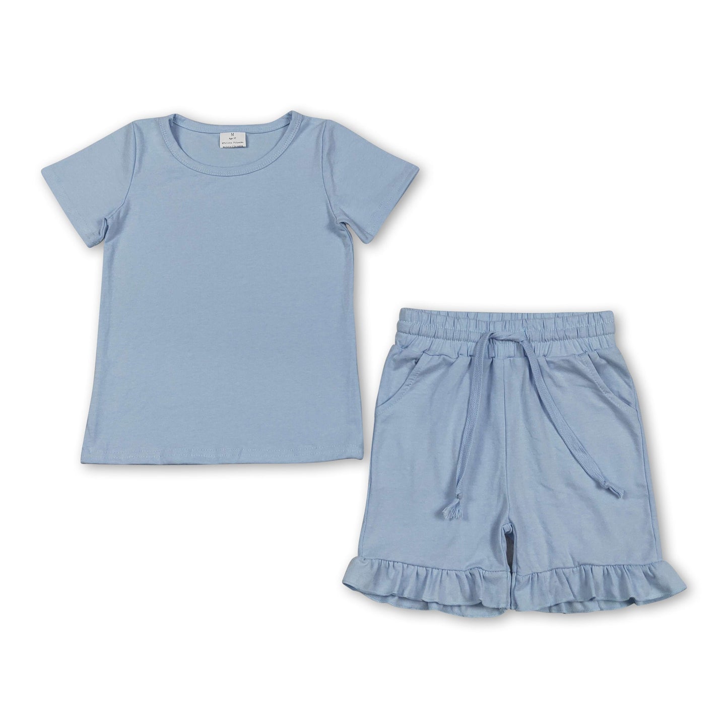 Short sleeves light blue cotton top ruffle shorts girls outfits