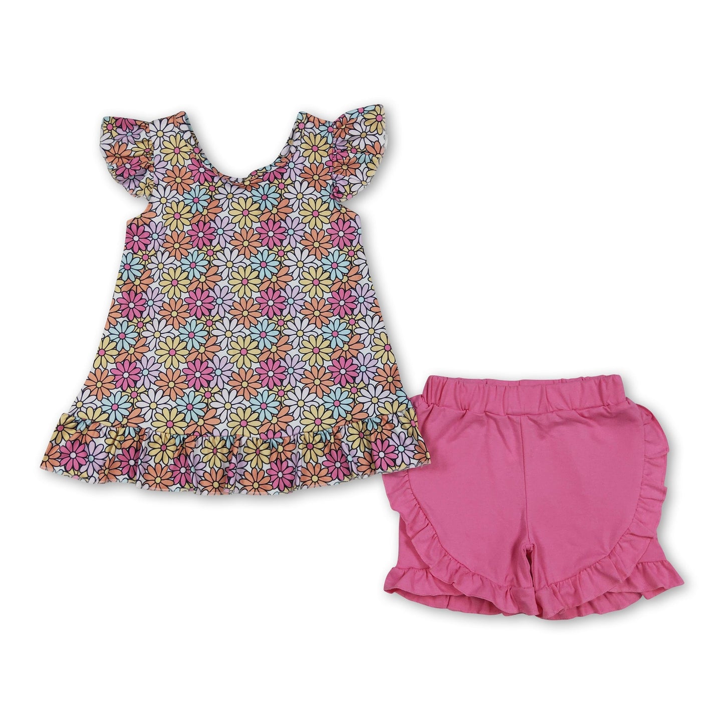 Floral flutter sleeves top ruffle shorts girls outfits