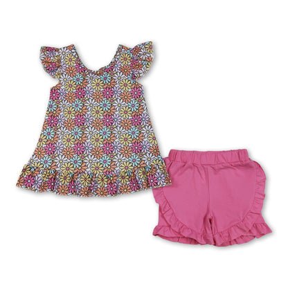 Floral flutter sleeves top ruffle shorts girls outfits