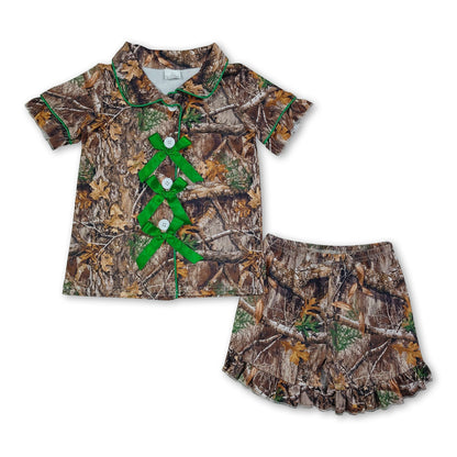 Short sleeves green bow camo girls button down pajamas set